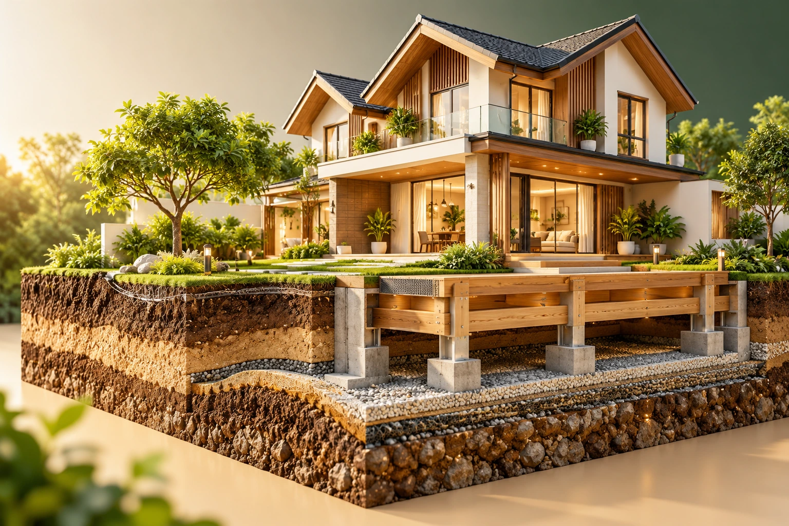 Mô hình nhà sinh thái 3D với lát cắt nền đất và kết cấu công trình